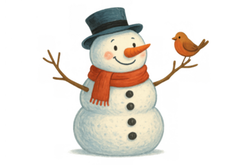 Snowman with top hat, scarf, carrot nose and bird perched on branch arm, winter holiday season character