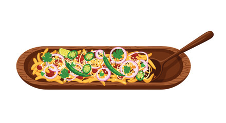 Delicious salad with vegetables and spoon in wooden bowl.