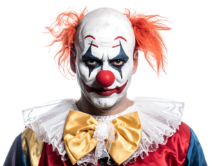Intense portrait of a scary clown with heavy makeup, red nose, and orange hair, staring directly at the viewer
