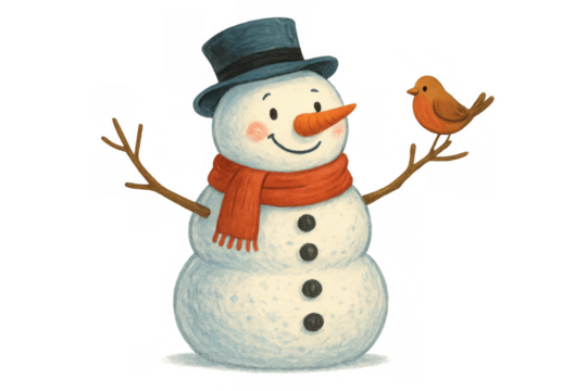 Snowman with top hat, scarf, carrot nose and bird perched on branch arm, winter holiday season character