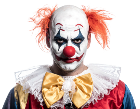 Intense portrait of a scary clown with heavy makeup, red nose, and orange hair, staring directly at the viewer