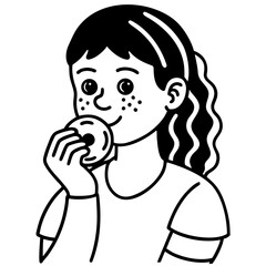 Freckled Girl Eating Donut Line Art Icon