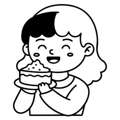 Happy Girl Eating Cake Slice Line Art Icon