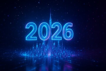Futuristic city skyline with 2026 new year glowing neon light effect