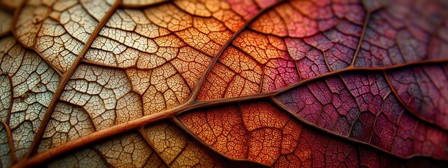 Obraz premium Close-up View of Colorful Leaf Texture Showcasing Intricate Veins and Patterns of Nature