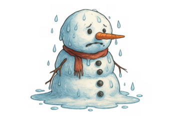 Melting snowman feeling sad due to global warming and climate change, representing a warming planet concept
