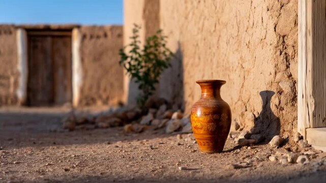 Traditional handcrafted clay vase with intricate patterns on sandy ground by ancient mud wall in warm sunlight casting long shadow