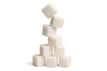 Sugar cubes forming an unbalanced tower, symbolizing addiction, unhealthy diet, and the concept of balance
