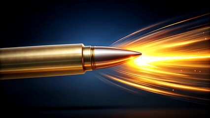 Flying bullet with a fiery trail a concept of speed and power isolated on dark blue background