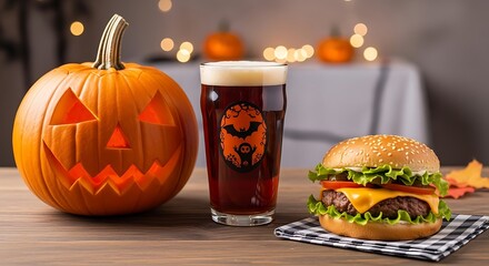 Halloween Feast - Jack-o-lantern, Craft Beer, and Delicious Cheeseburger on a Wooden Table.