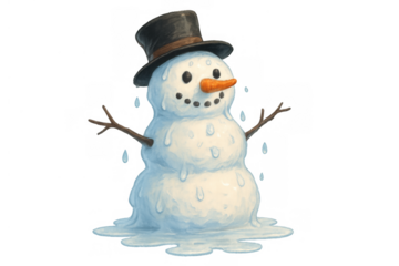 Snowman melting into a puddle, wearing a black top hat, carrot nose, and stick arms, symbolizing climate change