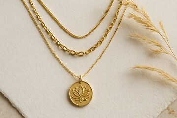 Three gold necklaces with a lotus pendant on a white paper surface