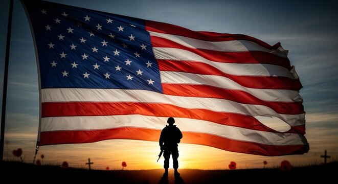 Veterans Day Sunset American Flag Silhouette Honoring US Military Heroes & Remembrance