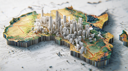 A features a miniature 3D model of Lagos bursting through a torn physical Africa map, seamlessly integrated with a white sleek 3D skyline rendering that blends into the urban landscape. 