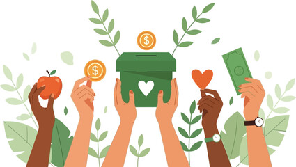 Diverse hands contribute to charitable causes, donating money, food, and love for a better world, promoting philanthropy and community support