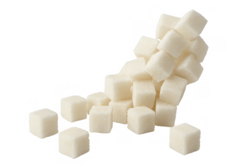 Pile of white sugar cubes forming a stack, symbolizing sweetness, addiction, and unhealthy eating, transparent background