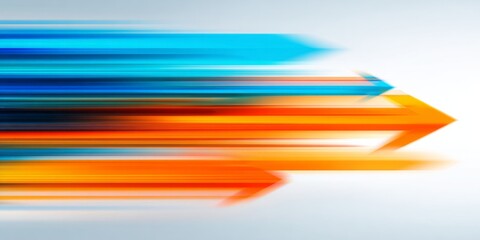 Dynamic streaks of blue and orange arrows indicate rapid forward movement.