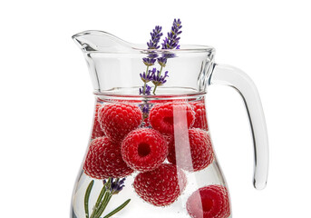 Refreshing glass pitcher filled with ripe raspberries and lavender infused water