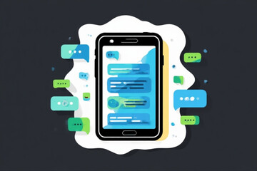 A smartphone displays a messaging app interface, surrounded by speech bubbles.