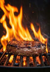 Juicy Beef Patty Grilling Over Open Flames on a Barbecue.