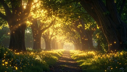 Enchanting Forest Path Bathed in Golden Sunlight with Glowing Fireflies.