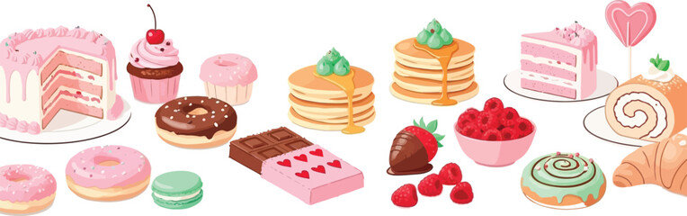 Indulge your sweet tooth with this colorful collection of delicious desserts featuring cakes, donuts, pancakes, and chocolates for a delightful treat