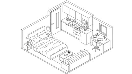 High-Quality Black Line Art of Open Studio Apartment Layout, Isometric Interior with Bed, Sofa, Kitchen, and Workspace