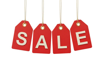 Four red sale price tags hanging from strings announcing discounts and special offers for shoppers