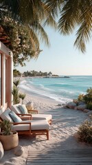 Two Empty Sunbeds Facing Turquoise Ocean Waters Under Palm Trees on a Sandy Beach With Lush Green Foliage and Soft Sunlight Creating a Serene Tropical Ambiance
