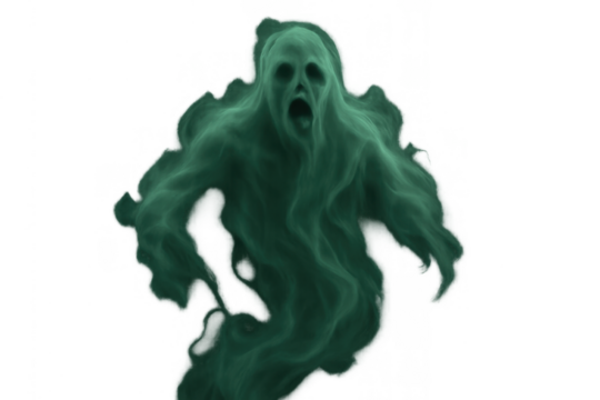 Green ghost screaming, scary phantom spirit flying, spooky halloween monster, paranormal ethereal entity on transparent background
