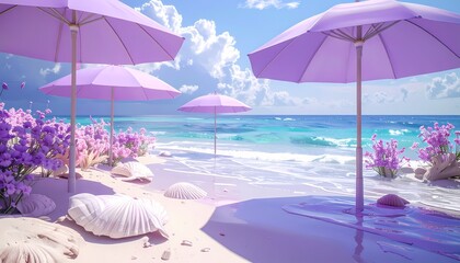 Dreamy Lavender Beach with Pastel Umbrellas and Seashells.