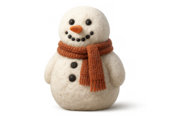 Snowman with knitted scarf representing winter holidays and christmas season, isolated on transparent background