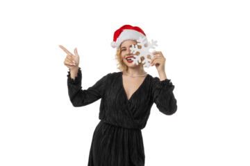 Woman in black dress celebrates New Year joyfully, isolated, PNG
