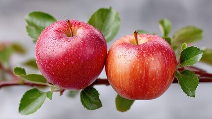 Two Ripe Red Apples Covered in Dew Drops Clinging to Tree Branches with Green Leaves Soft Focus Background Natural Still Life Photography