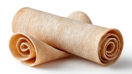 Two Rolled Dried Fruit Leather Snacks dusted with fine sugar crystals on a clean white background studio lighting