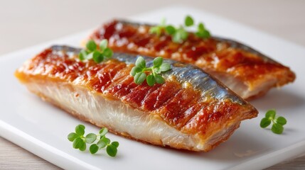 Two Savory Smoked Fish Fillets Garnished With Fresh Green Herbs on a White Ceramic Plate With Soft Lighting