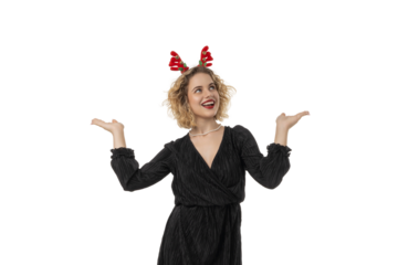 Woman celebrates New Year joyfully with festive attire, isolated, PNG