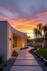 Modern Home Exterior at Sunset with Curved Walkway and Lush Landscaping.