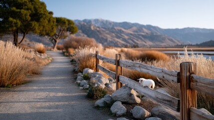 Two Sheep Graze Near Old Wooden Fence on Sunny Day with Mountains and Lake Background