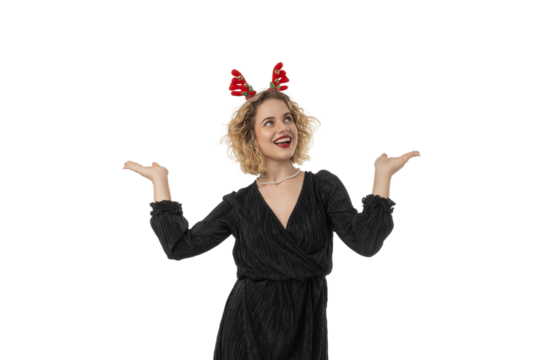 Woman celebrates New Year joyfully with festive attire, isolated, PNG