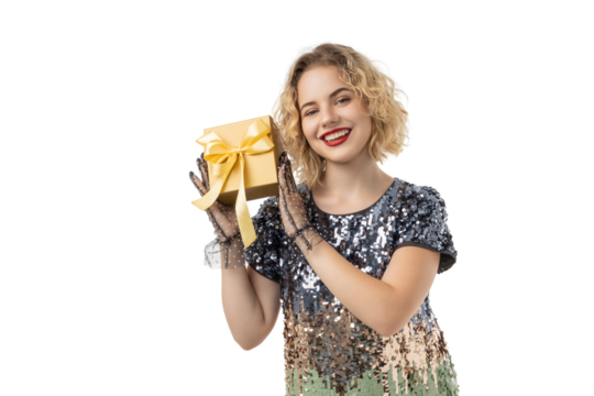 Woman smiles with a yellow gift box, isolated, PNG