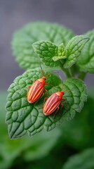 Two Small Orange Beetles With Red Stripes Rest On A Dew Covered Green Leaf With Soft Focus Background In Natural Daylight