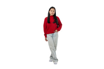 Woman stands in a relaxed pose wearing a red sweater, isolated, PNG