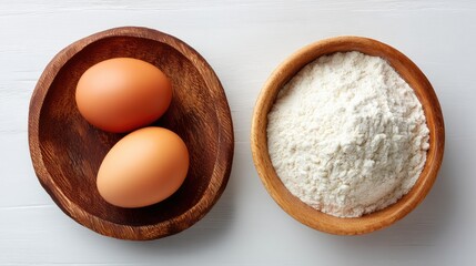 Two Whole Brown Eggs In A Textured Wooden Bowl Next To A Bowl Of White Flour On A White Distressed Wooden Surface Top Down View