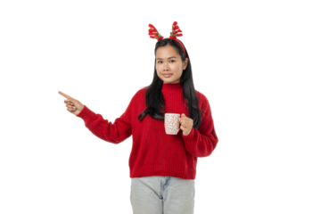 Young woman sips a festive winter drink, isolated, PNG