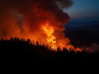 Naklejka premium Dramatic wildfire engulfs forest at dusk, creating a devastating scene of intense flames and smoke against the dark sky