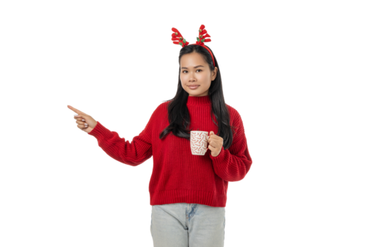 Young woman sips a festive winter drink, isolated, PNG