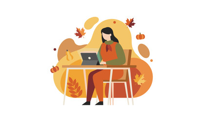 Woman working on tablet at a desk surrounded by fall leaves and pumpkins Autumn remote work illustration