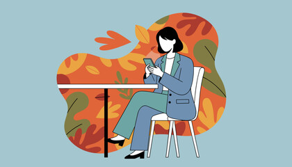 Woman in business attire using smartphone at a table with autumnal background