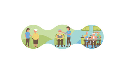 Assisted living and senior care concept with nurses reading and communal cooking